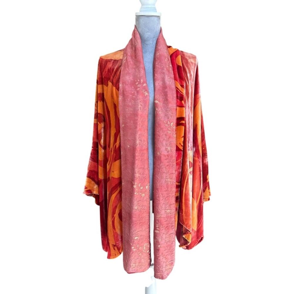 Boho Luxe Artisan Velvet Open Red Orange Kimono‎ Jacket, L/XL